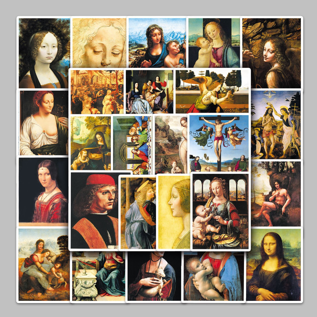 Set 50 chiếc sticker chống nước TRANH SƠN DẦU NÀNG MONA LISA - THỜI PHỤC HƯNG dán mũ bảo hiểm laptop xe máy đàn guitar