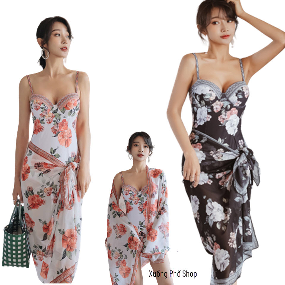 (ảnh thật) Đồ bơi, Bikini liền thân hoa hồng Retro kèm Khăn Voan Khoác #BKH2