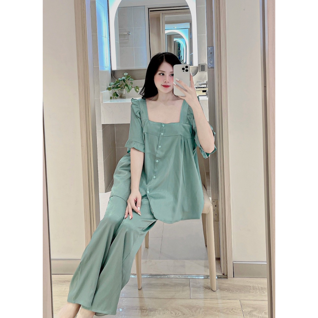 Đồ bộ nữ bigsize phom 58kg - 70kg . Đồ bộ mặc nhà thiết kế cổ vuông, phía sau cổ có dây đan chéo