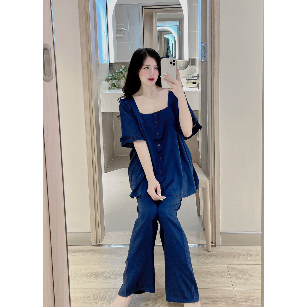 Đồ bộ nữ bigsize phom 58kg - 70kg . Đồ bộ mặc nhà thiết kế cổ vuông, phía sau cổ có dây đan chéo