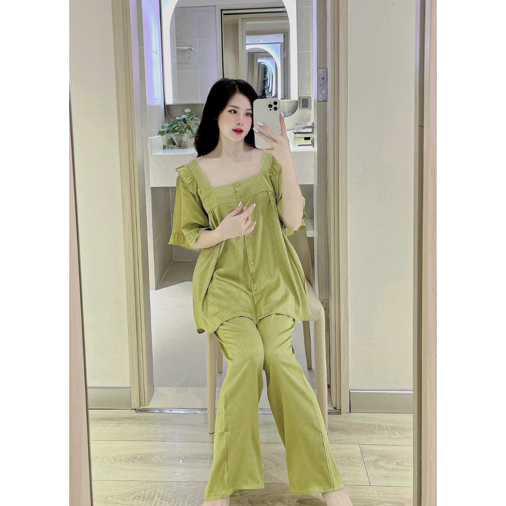 Đồ bộ nữ bigsize phom 58kg - 70kg . Đồ bộ mặc nhà thiết kế cổ vuông, phía sau cổ có dây đan chéo