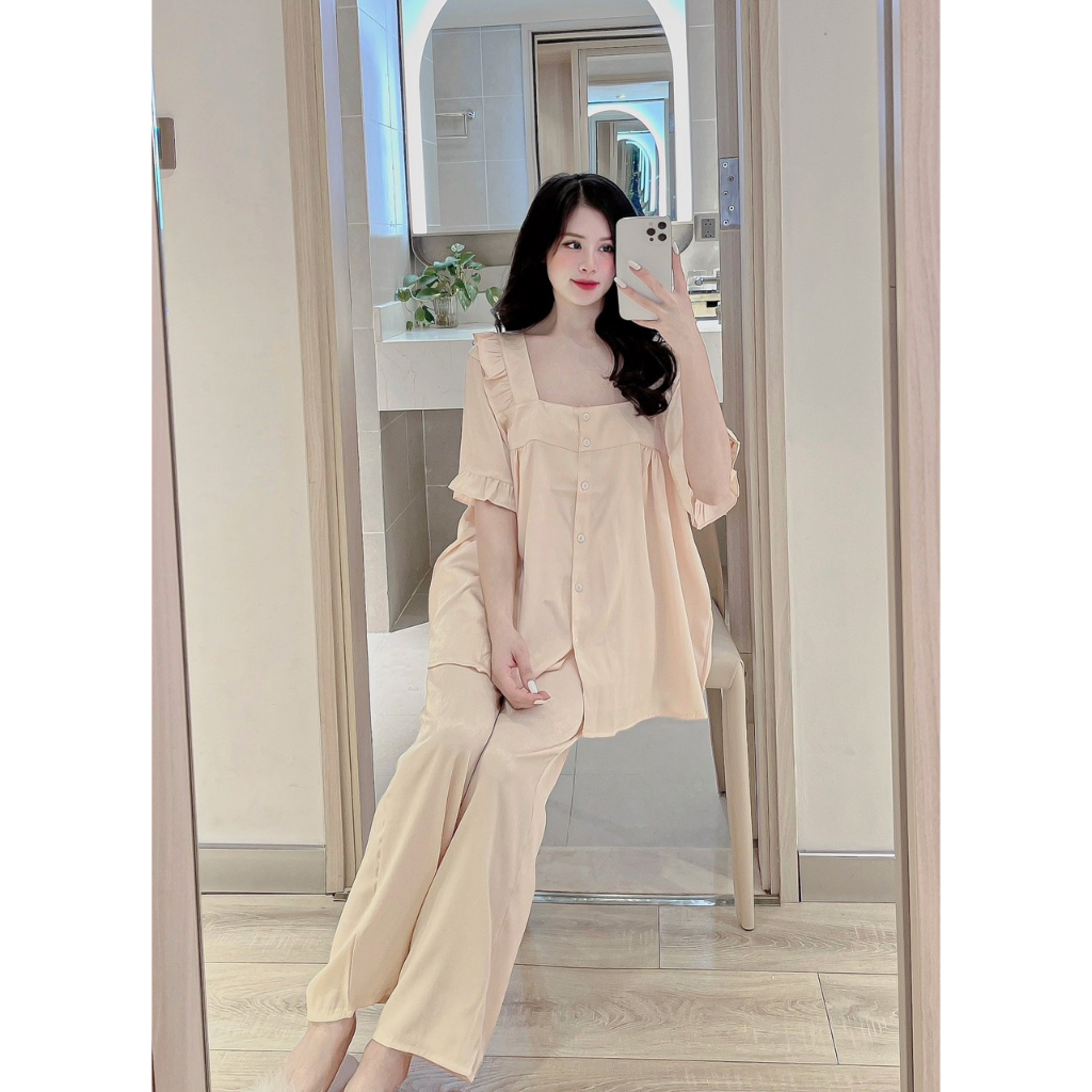 Đồ bộ nữ bigsize phom 58kg - 70kg . Đồ bộ mặc nhà thiết kế cổ vuông, phía sau cổ có dây đan chéo