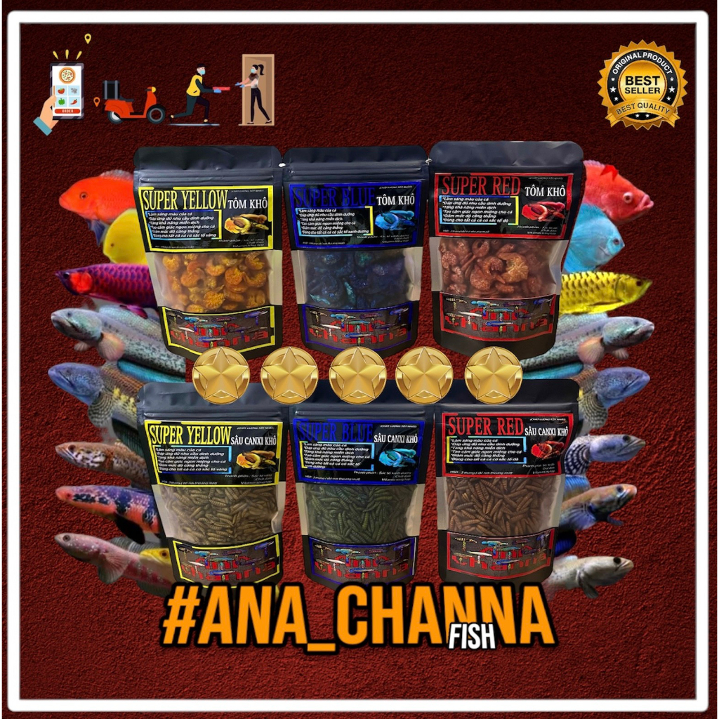 Thức Ăn Cá Lóc Hỗ Trợ Tăng Màu | Tôm Khô -  Sâu Canxi Kích Màu | Vàng - Đỏ - Xanh Dương