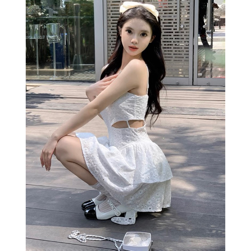 VIDEO ẢNH THẬT🖤Váy trắng ren dáng ngắn tiểu thư xinh xắn/Váy bánh bèo công chúa ulzzang vintage retro đáng yêu