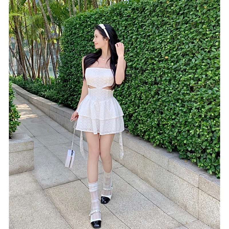 VIDEO ẢNH THẬT🖤Váy trắng ren dáng ngắn tiểu thư xinh xắn/Váy bánh bèo công chúa ulzzang vintage retro đáng yêu