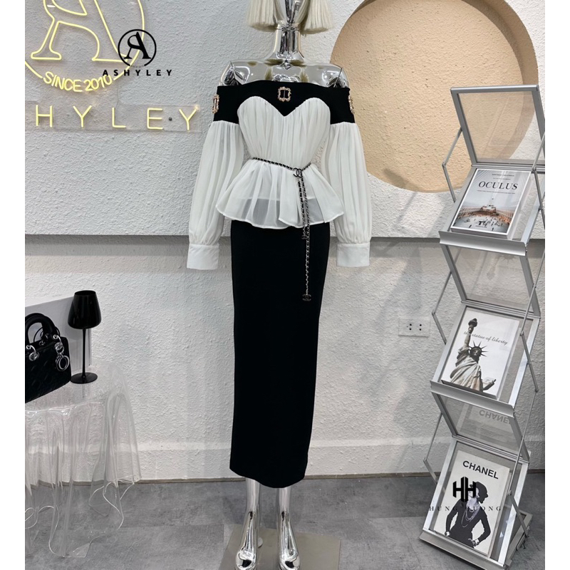 𝑳𝒂𝒕𝒊𝒇𝒂 𝑺𝒆𝒕 Ashyley Thiết Kế Áo Trễ Vai Xếp Ly Phối Chân Váy Ôm Sang Chảnh