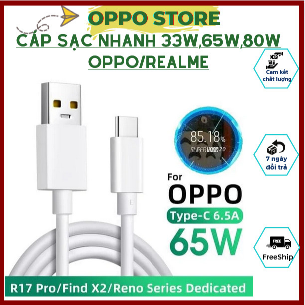 Cáp sạc nhanh Oppo/Realme,Dây sạc nhanh Oppo/Realme Type-C 3A(33W), 6.5A(65W), 8A(80W) cho Oppo/Realme Bảo Hành 6Th
