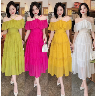 Váy 2 dây maxi trễ vai che khuyết điểm bắp tay to - đi du lịch chất đũi lụa hàng 2 lớp dày dặn
