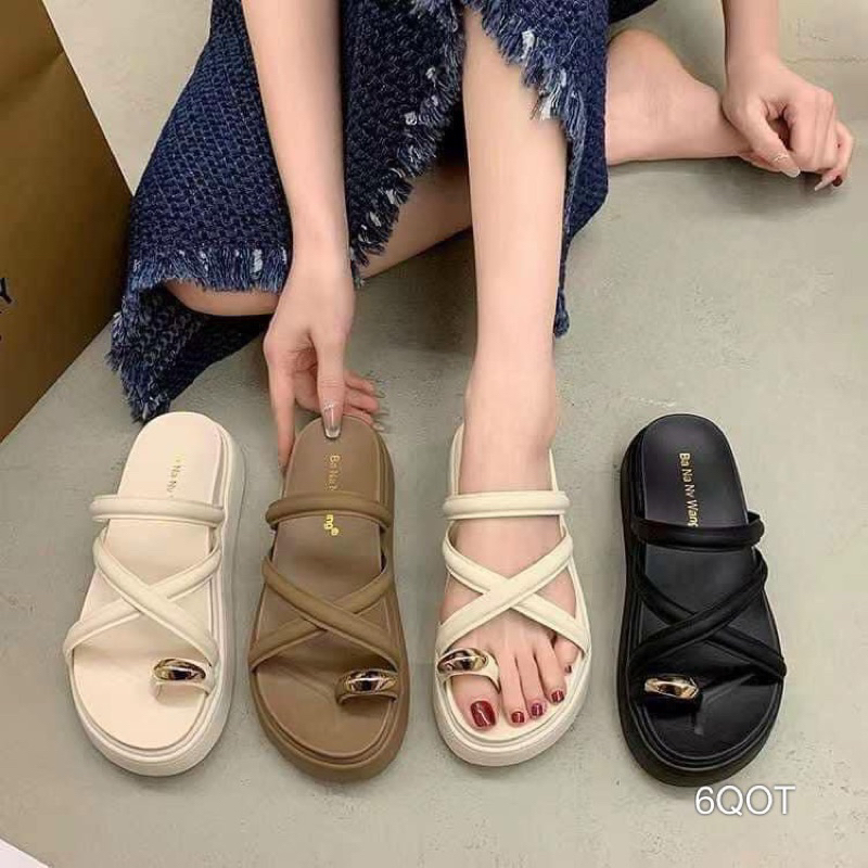 Dép Bánh Mì Dây Chéo Xỏ Khoá Vàng Cao Cấp Êm Đẹp