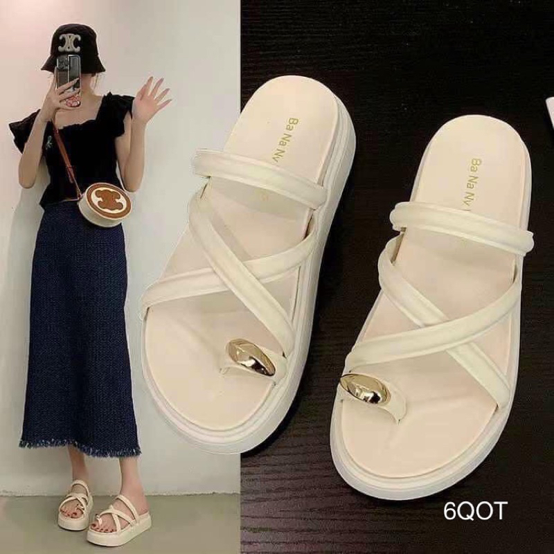 Dép Bánh Mì Dây Chéo Xỏ Khoá Vàng Cao Cấp Êm Đẹp