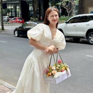 [Kèm hình thật] Đầm maxi trắng cổ V tay phồng đẹp