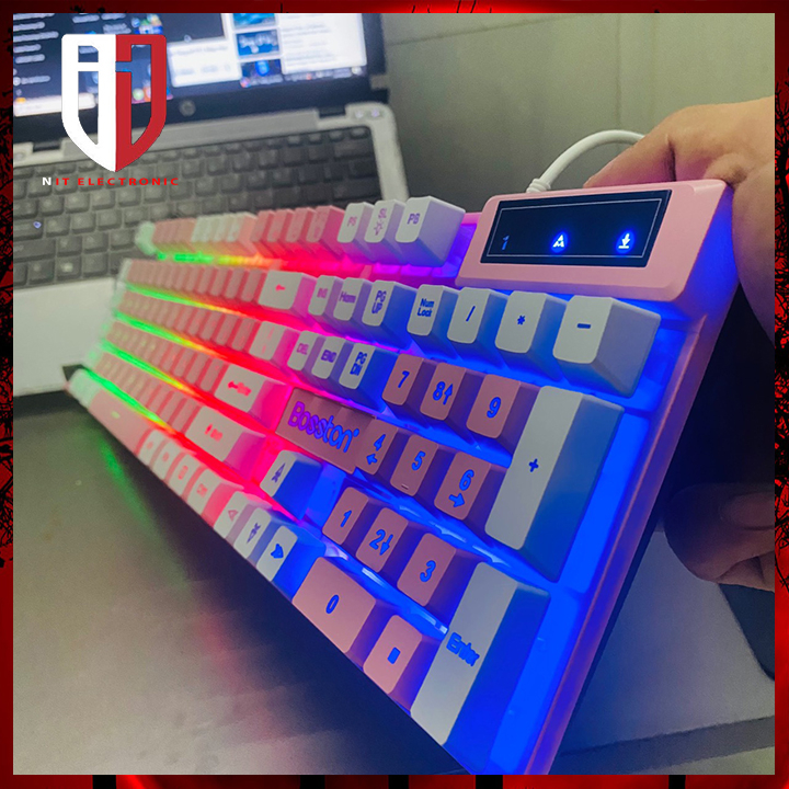 Bàn phím gaming máy tính BOSSTON 803 hồng trắng bàn phím vi tính led cute dễ thương