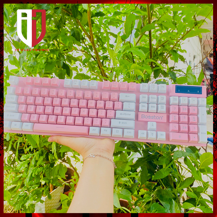 Bàn phím gaming máy tính BOSSTON 803 hồng trắng bàn phím vi tính led cute dễ thương