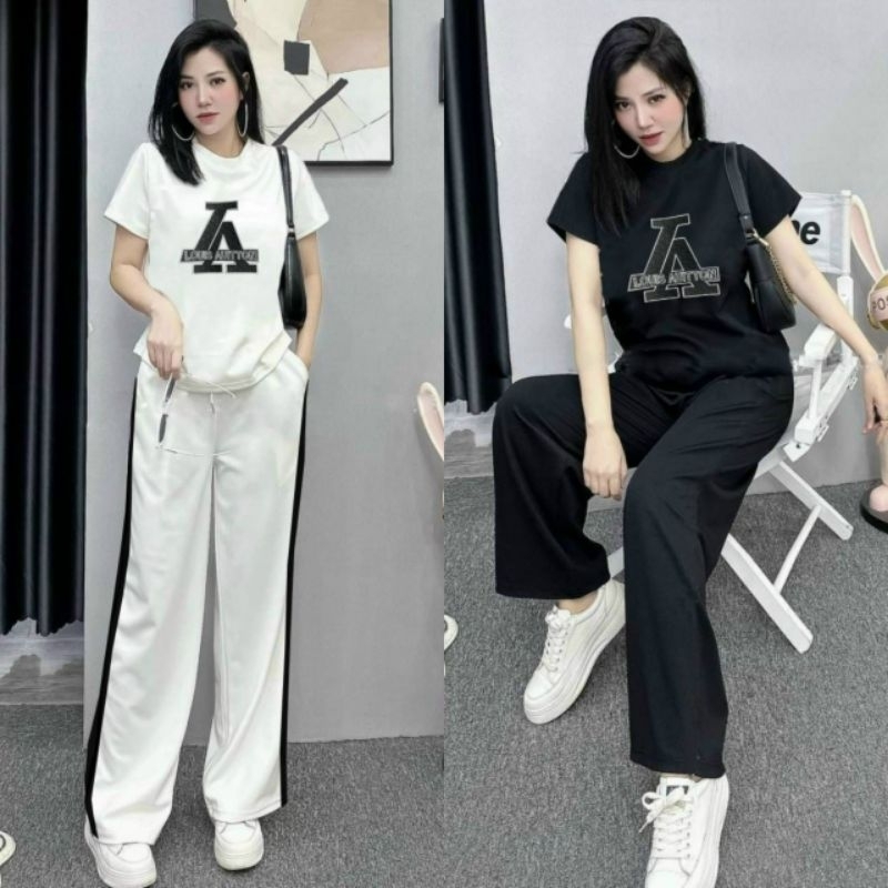 Sét đồ bộ nữ quần ống suông rộng thêu logo có bigsize mẫu mới giá chất đẹp, bộ đồ thể thao đi chơi mặc nhà siêu xinh