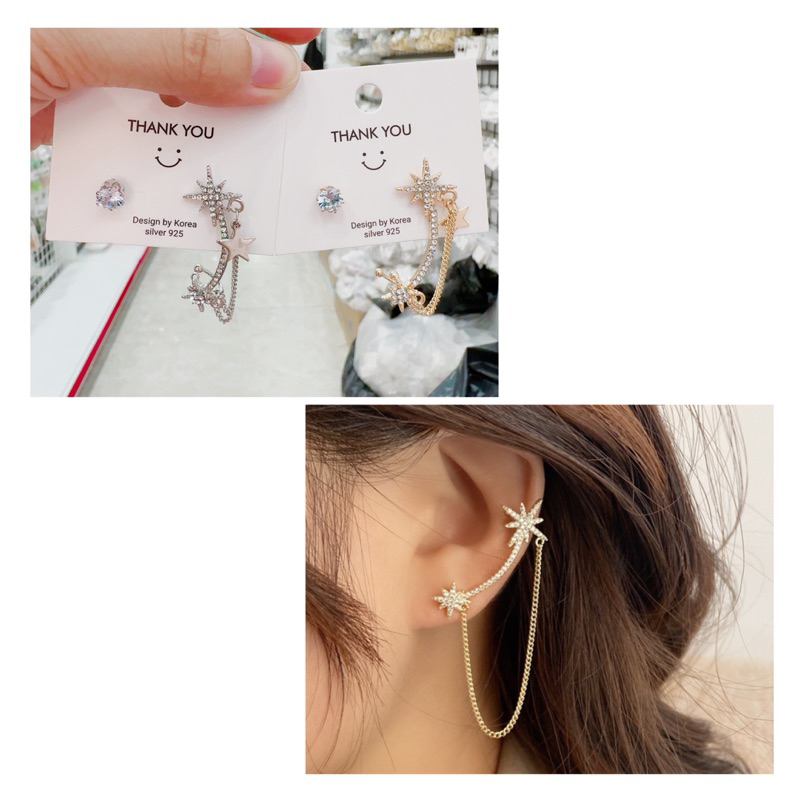 bông tai kẹp vành cá tính, khuyên tai đính châu kèm đá phong cách hàn quốc