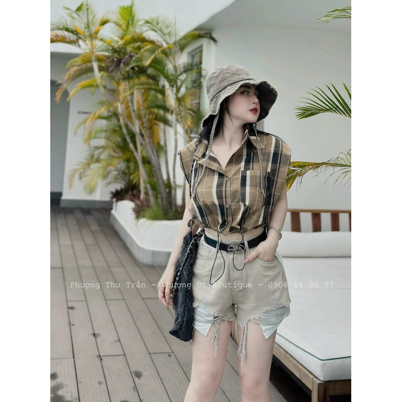 Áo Sơ Mi Kẻ Ô Phối Túi Rút Eo