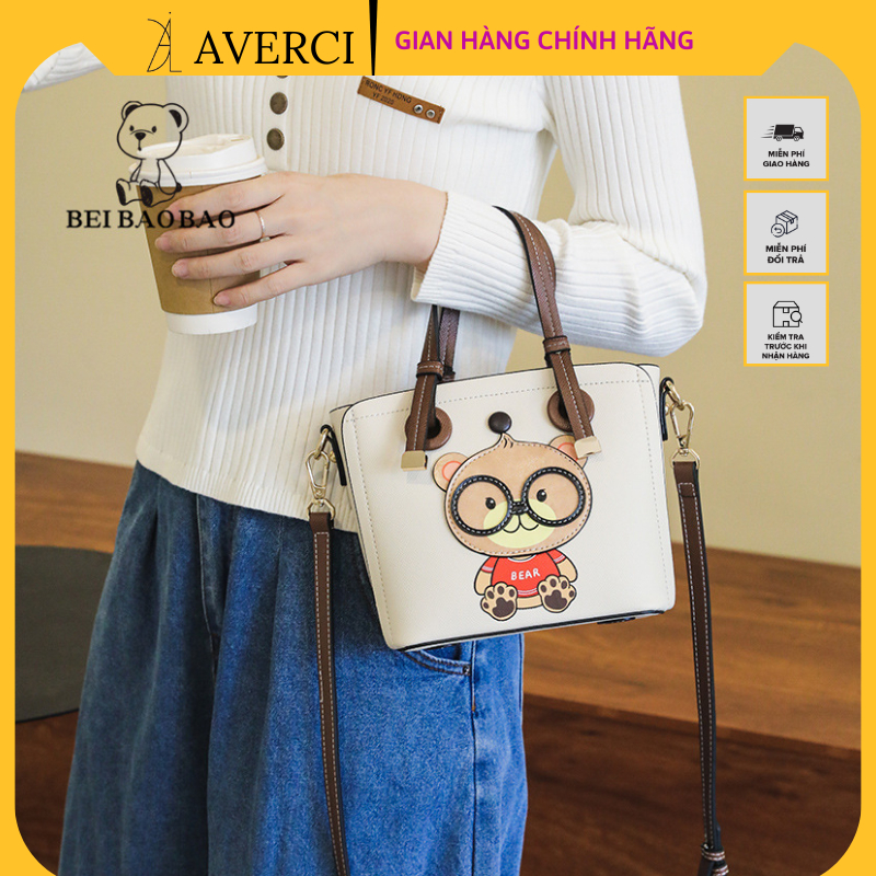 AVERCI Túi Xách Da Màu Trắng Kem, Túi Da Dày Dặn, Túi Xách Hình Mặt Gấu Dễ Thương, Túi Da Đeo Chéo Beibaobao AVER3233308