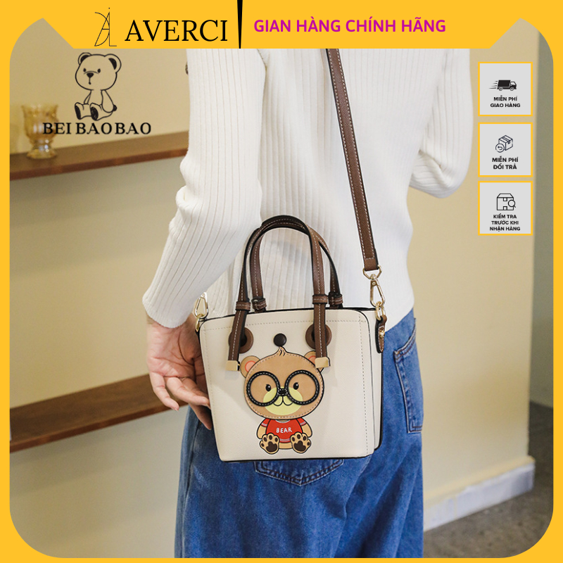 AVERCI Túi Xách Da Màu Trắng Kem, Túi Da Dày Dặn, Túi Xách Hình Mặt Gấu Dễ Thương, Túi Da Đeo Chéo Beibaobao AVER3233308