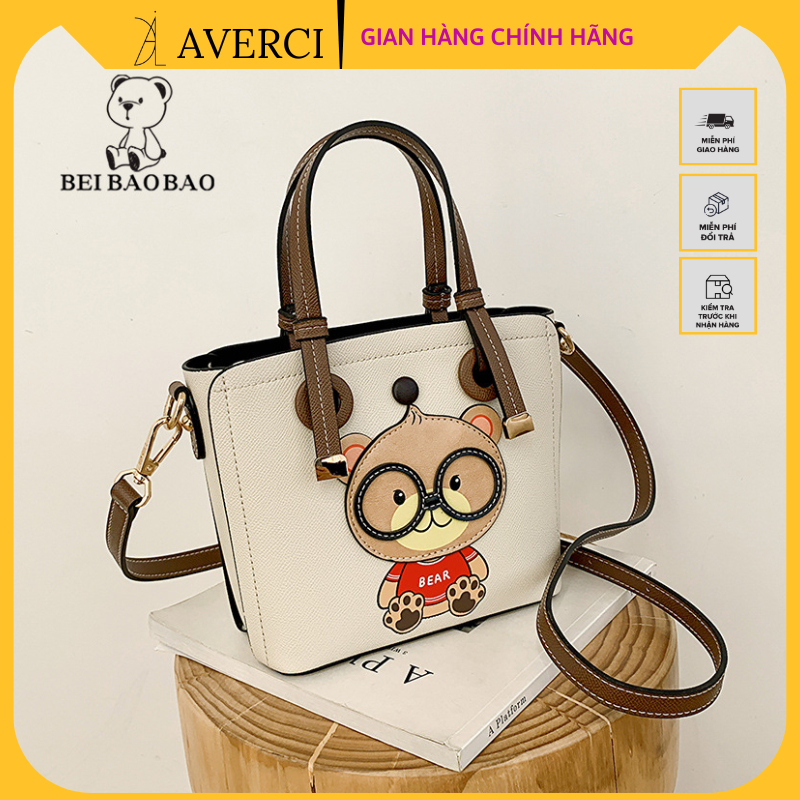 AVERCI Túi Xách Da Màu Trắng Kem, Túi Da Dày Dặn, Túi Xách Hình Mặt Gấu Dễ Thương, Túi Da Đeo Chéo Beibaobao AVER3233308