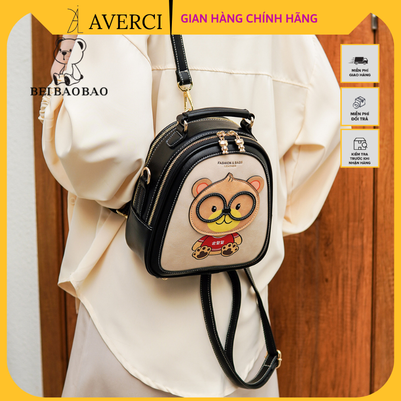 AVERCI Balo Nữ, Balo Thời Trang Hai Ngăn Khoá Đồng, Balo Đen Nâu Hình Gấu Beibaobao Dễ Thương AVERCI3234738