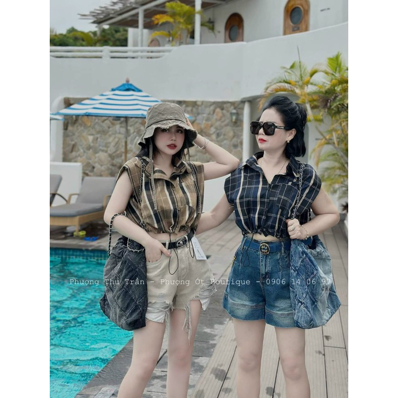 Áo Sơ Mi Kẻ Ô Phối Túi Rút Eo