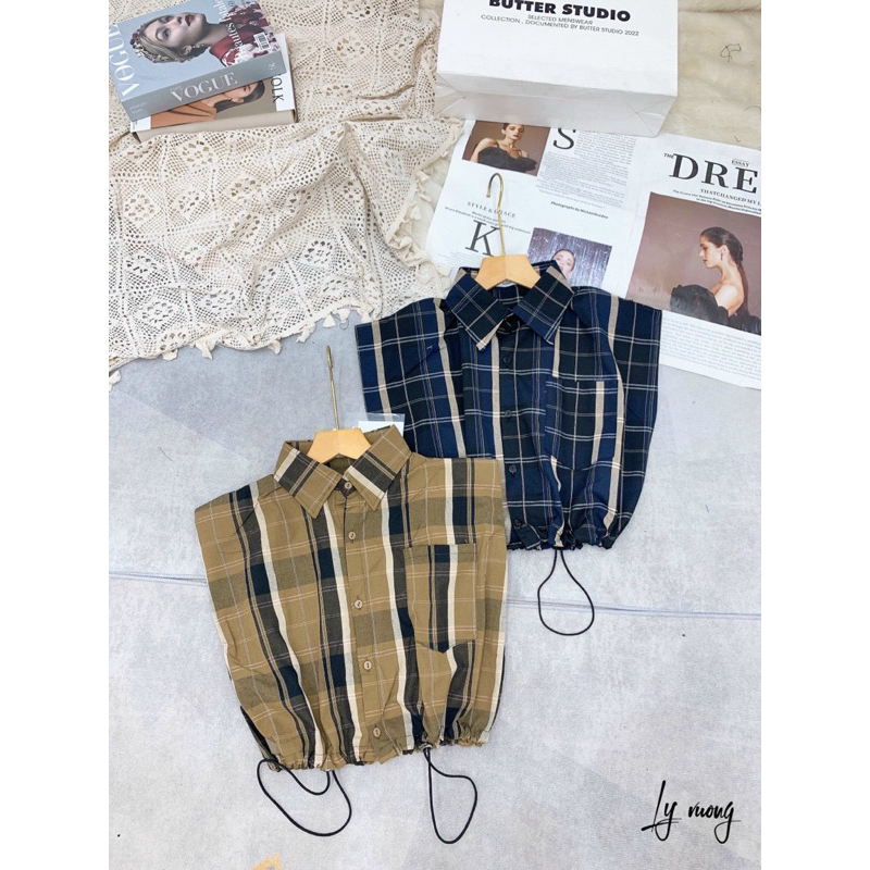Áo Sơ Mi Kẻ Ô Phối Túi Rút Eo