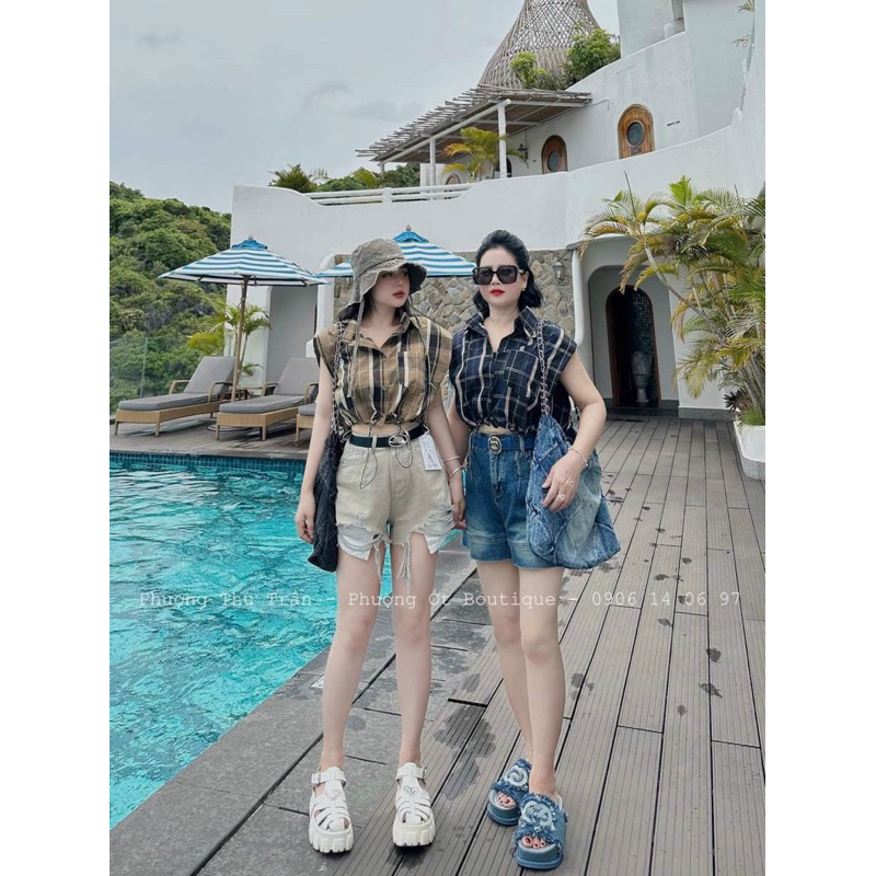 Áo Sơ Mi Kẻ Ô Phối Túi Rút Eo