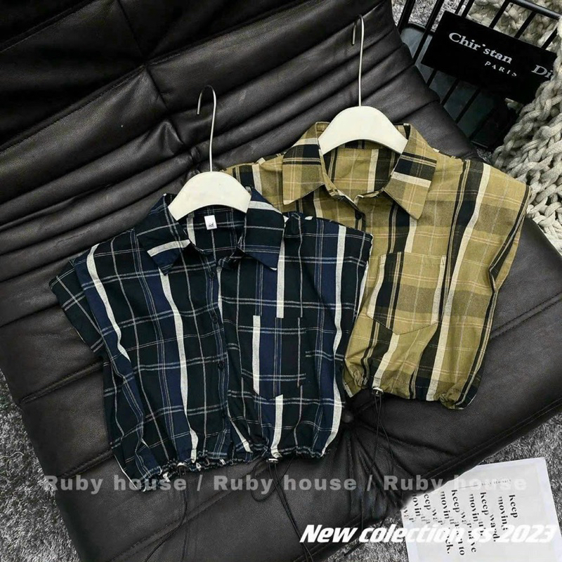 Áo Sơ Mi Kẻ Ô Phối Túi Rút Eo