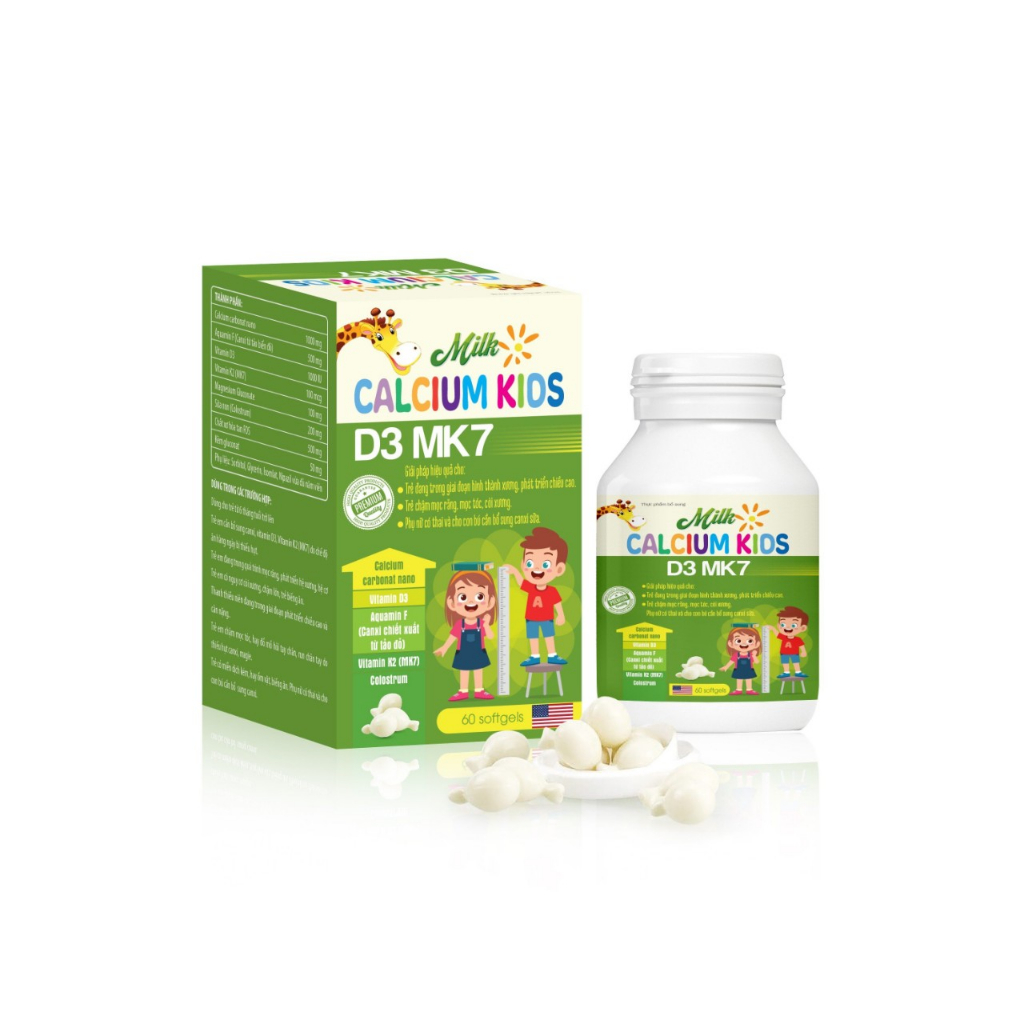 Viên kẹo nhai Canxi D3 K2 MK7 - Hộp 60 viên Milk Calcium Kids D3 MK7 dùng dc cho trẻ từ sơ sinh phát triển chiều cao