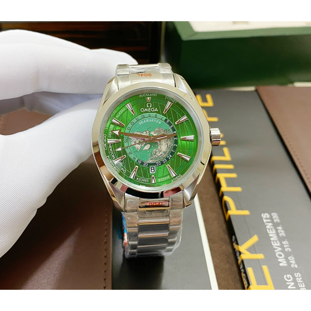 Đồng hồ Nam OMG 3kim trái đất xanh lá máy nhật dòng cơ Automatic size 40mm dây kim loại trắng