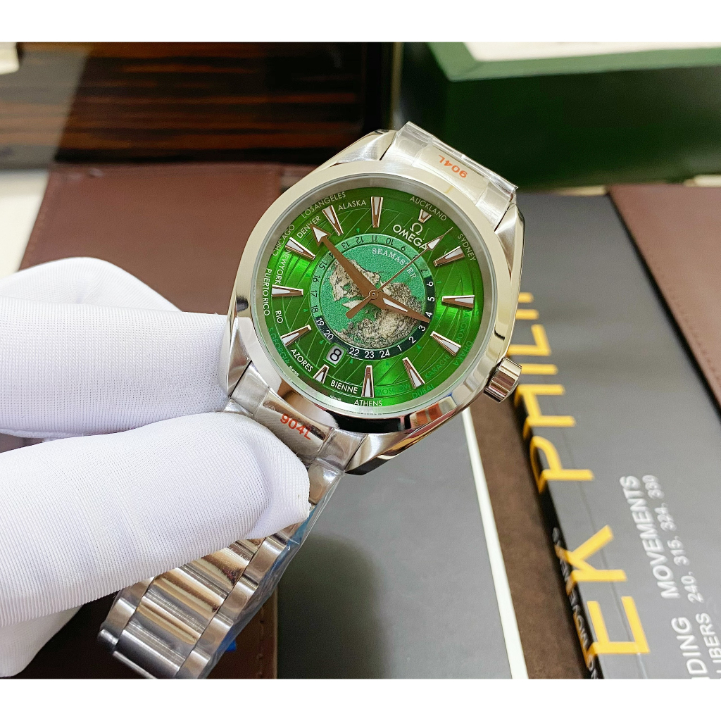 Đồng hồ Nam OMG 3kim trái đất xanh lá máy nhật dòng cơ Automatic size 40mm dây kim loại trắng