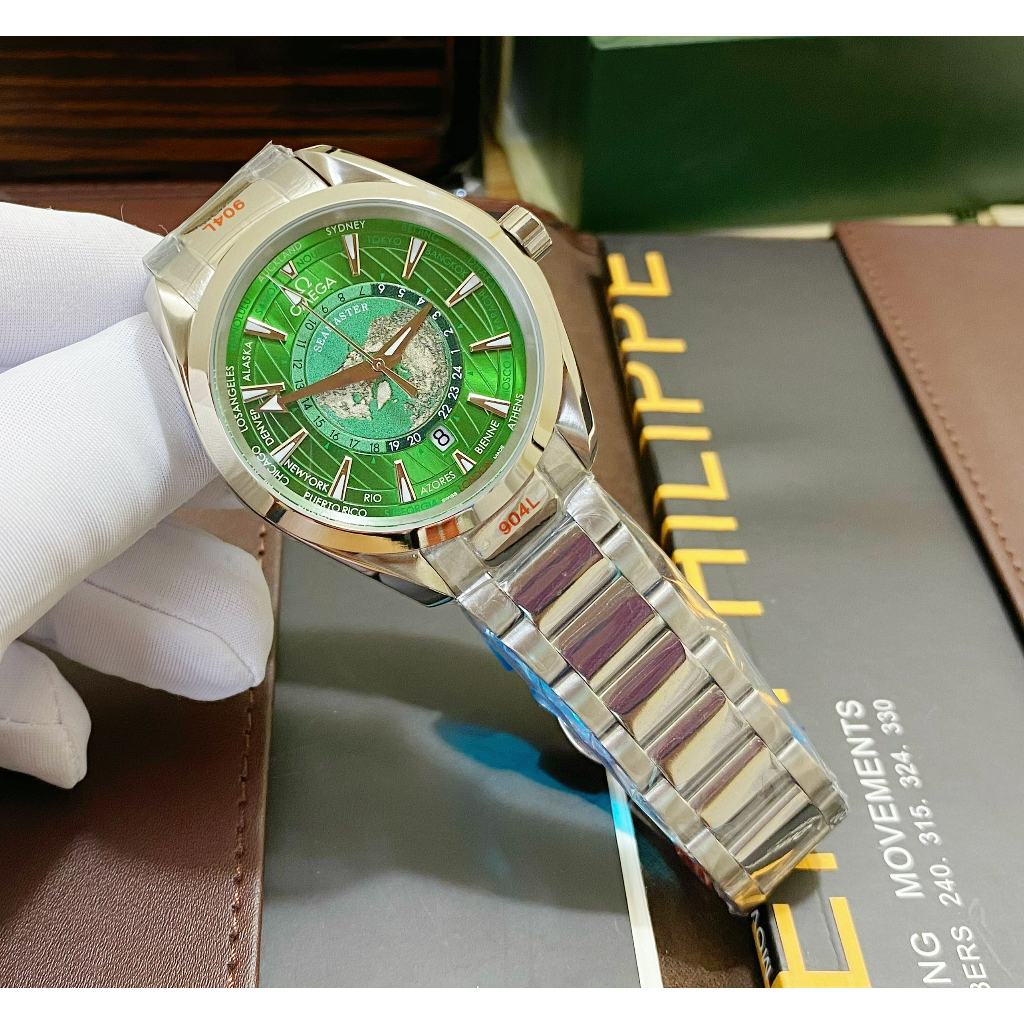 Đồng hồ Nam OMG 3kim trái đất xanh lá máy nhật dòng cơ Automatic size 40mm dây kim loại trắng