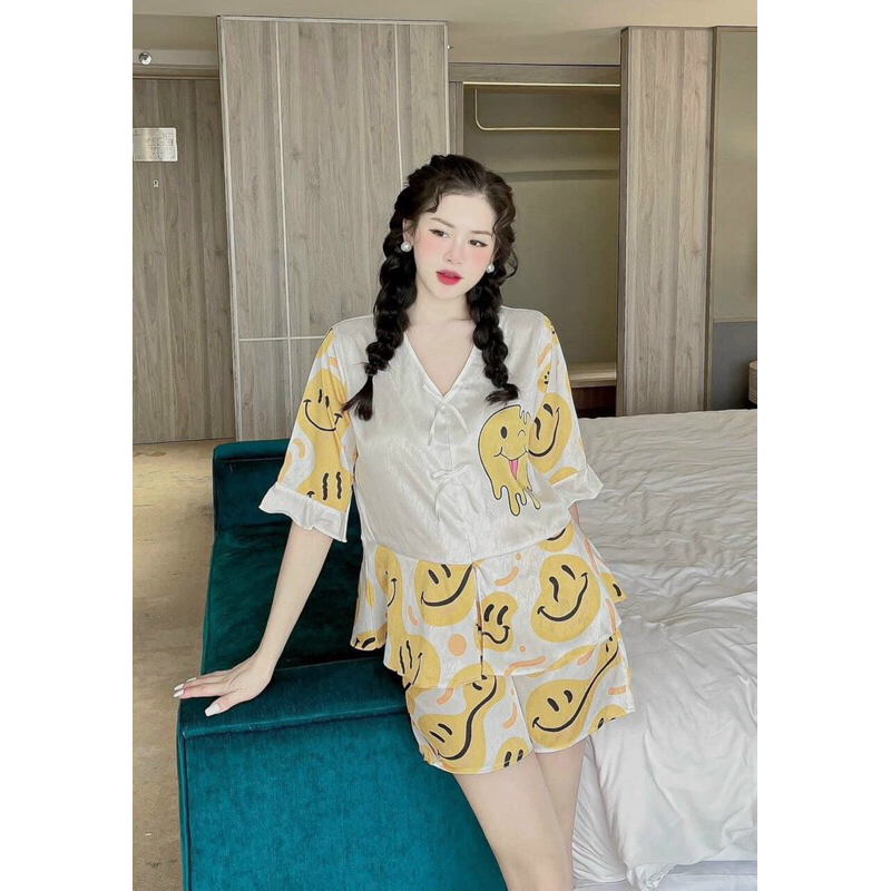 bộ pizama cộc đùi lụa xước ánh kim