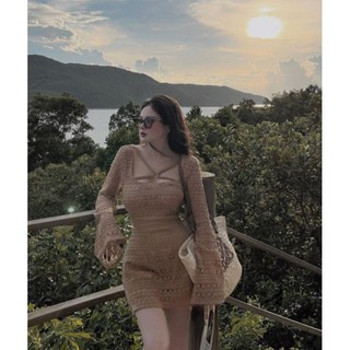 Đầm ren đi biển tay dài 2 màu trắng- be