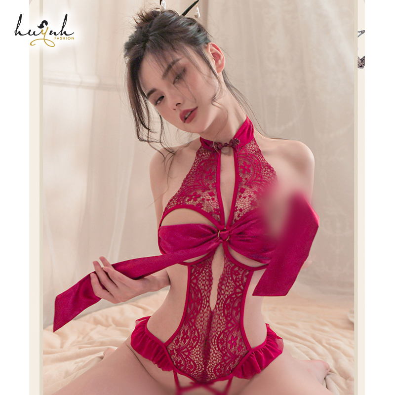 Bodysuit Ren Khoét Eo Phối Buộc Nơ Ngực Hở Đũng Sexy - B56
