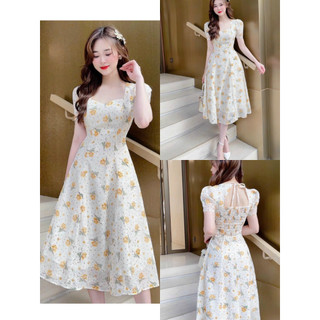 Đầm nữ thời trang mặc đi chơi chất voan hoa cổ vuông tay ngắn hở lưng chạy moocking ôm eo váy maxi xoè hai lớp