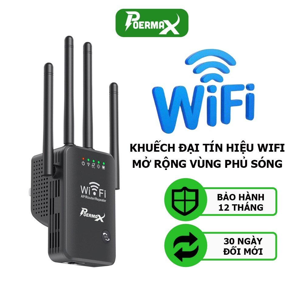 Kích sóng wifi repeater Poermax W4 300Mbps có cổng cắm LAN Và Wifi