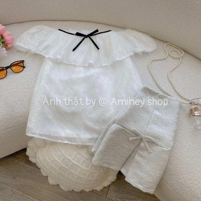 Áo trễ vai nơ trước hàng 2 lớp , Áo tơ tua rua lấp lánh sang chảnh AmineyShop