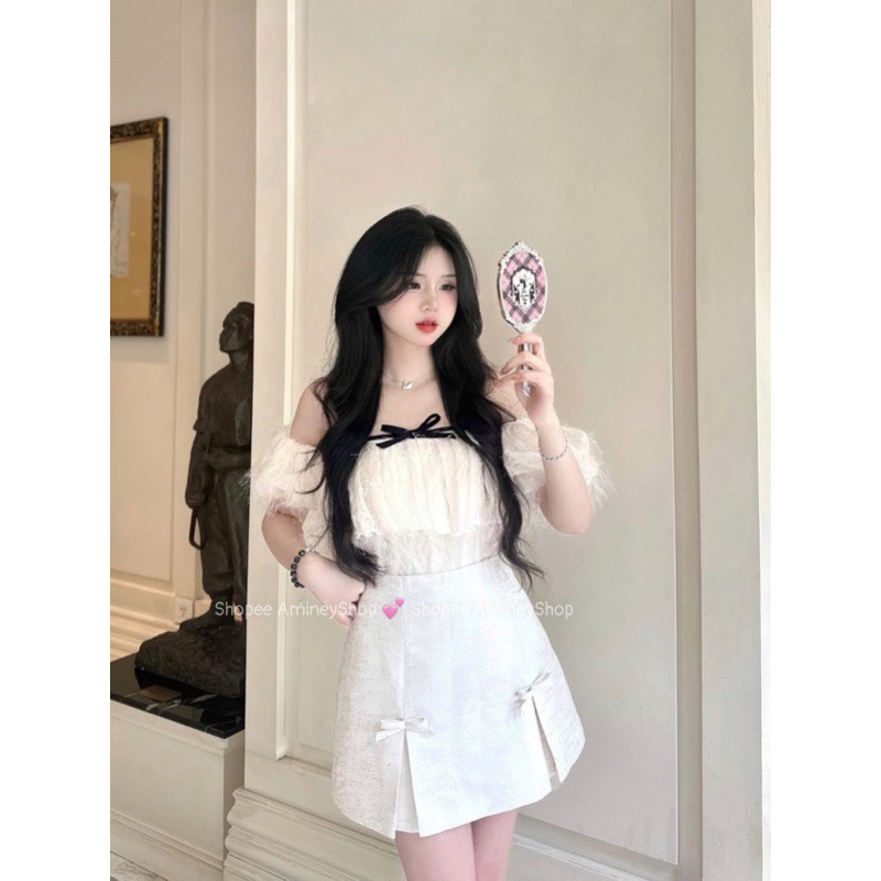 Áo trễ vai nơ trước hàng 2 lớp , Áo tơ tua rua lấp lánh sang chảnh AmineyShop