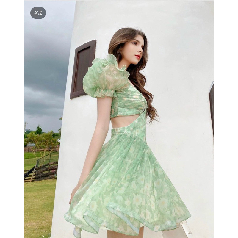 Đầm xoè voan hoa khoét eo tay ngắn siêu dễ thương - Free size