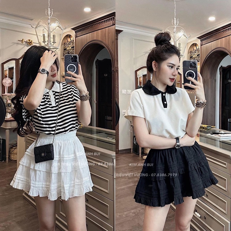 Set Áo Polo Cộc Tay Cổ Pha Mix Chân Váy Ngắn Xoè Tầng Phối Bèo Siêu Xinh