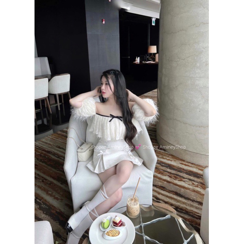 Áo trễ vai nơ trước hàng 2 lớp , Áo tơ tua rua lấp lánh sang chảnh AmineyShop