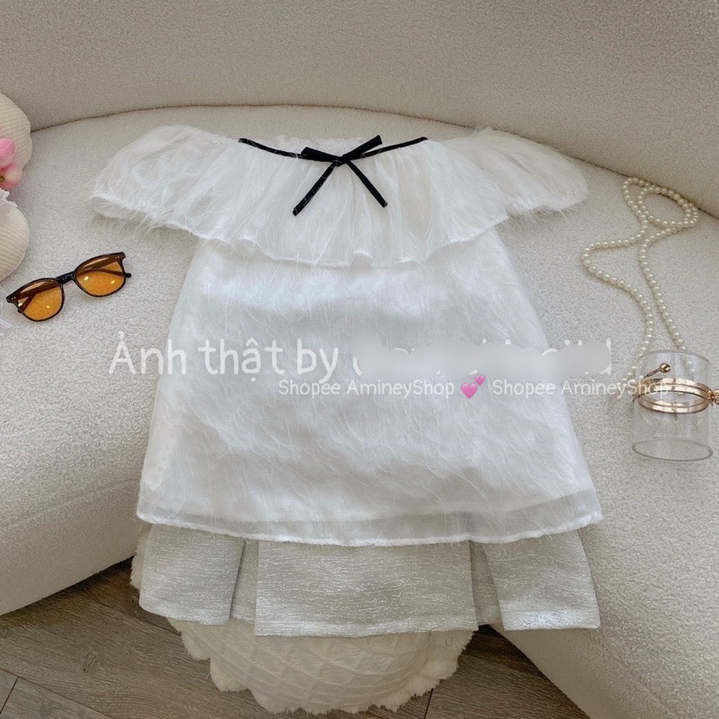 Áo trễ vai nơ trước hàng 2 lớp , Áo tơ tua rua lấp lánh sang chảnh AmineyShop