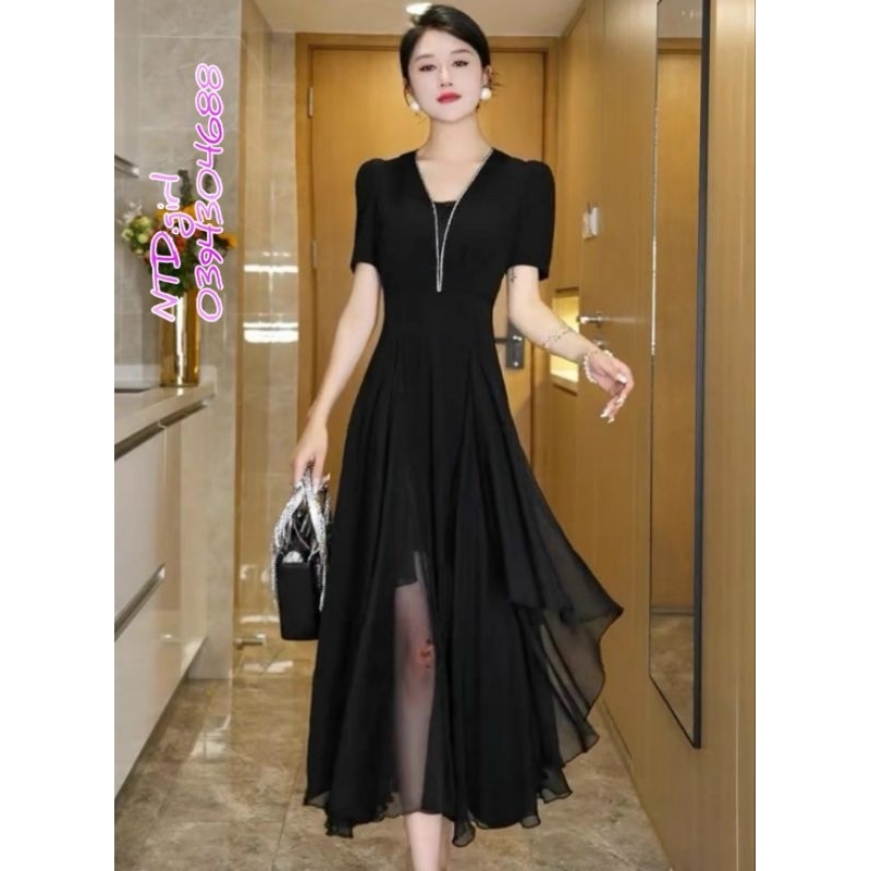 Hàng nhập - Đầm dáng xòe ren lưới phối xô lụa, váy dự tiệc cổ V viền trắng sang trọng