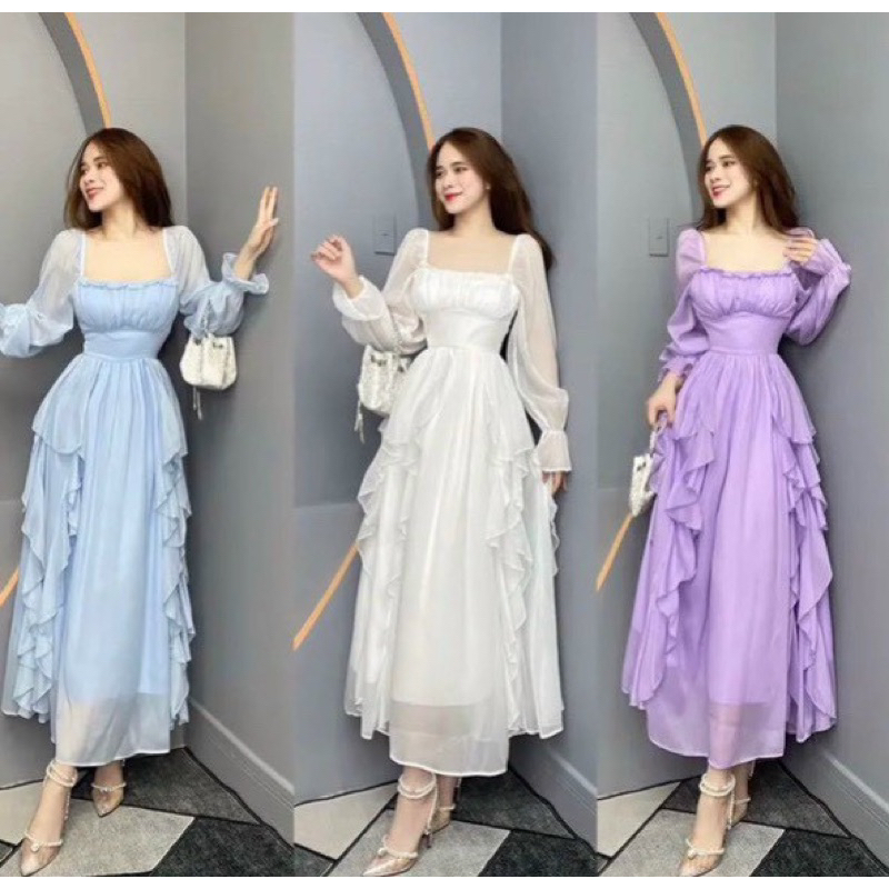 Đầm maxi voan tay dài xoắn bèo thân váy dễ thương - Free size
