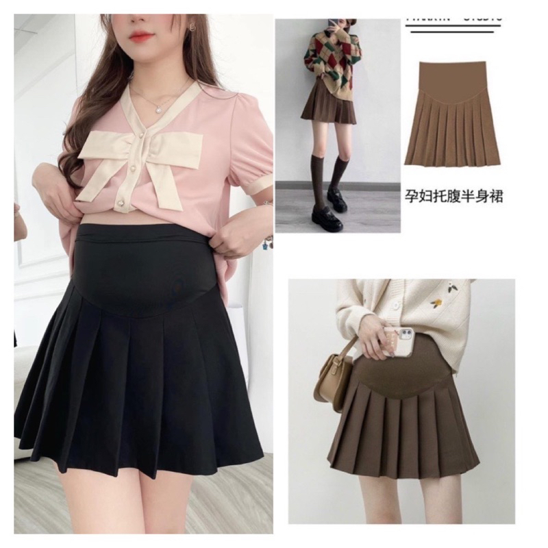 Váy bầu, chân váy bầu xếp li màu nâu Tây cực xinh trẻ trung, có quần váy bên trong - CV01