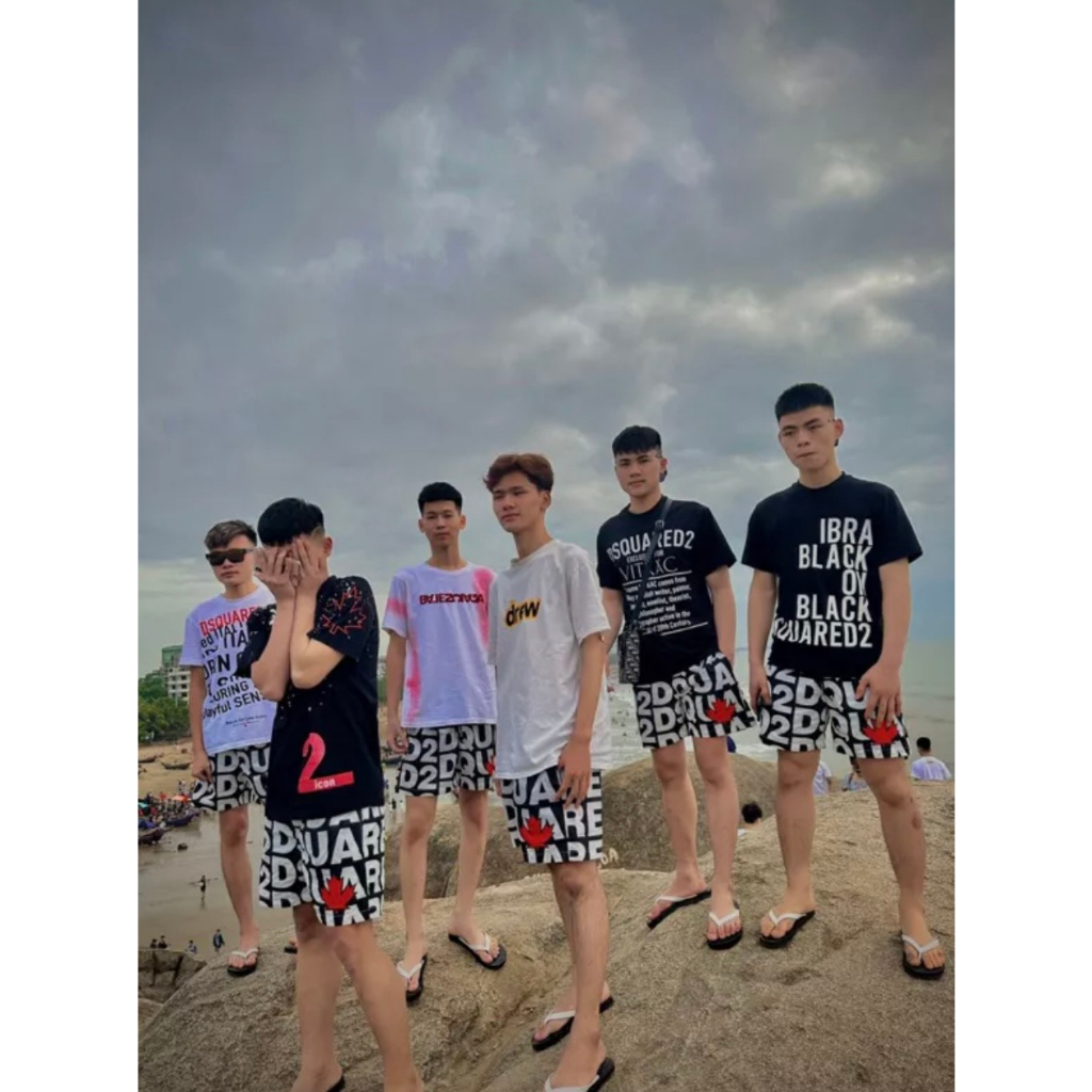 Quần Short Gió Nam Đi Biển DSQ2 Lá Hoạ Tiết Chữ Monogram Đen Trắng Dập Hình Lá Phong Đỏ Hàng Cao Cấp Siêu Hot