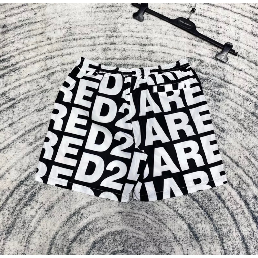 Quần Short Gió Nam Đi Biển DSQ2 Lá Hoạ Tiết Chữ Monogram Đen Trắng Dập Hình Lá Phong Đỏ Hàng Cao Cấp Siêu Hot