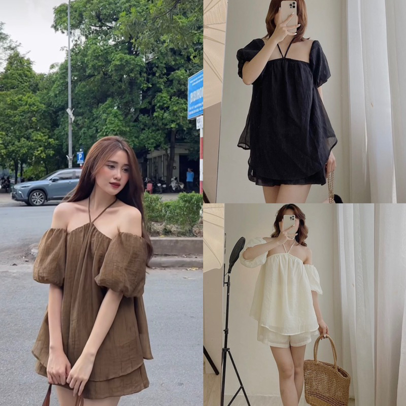 [NEW]SET ÁO TƠ TAY BỒNG CỔ YẾM THÁO RỜI MIX SOOC XINH XẮN