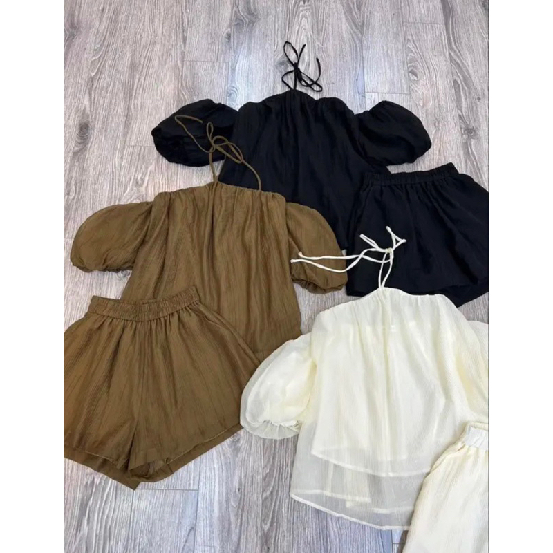 [NEW]SET ÁO TƠ TAY BỒNG CỔ YẾM THÁO RỜI MIX SOOC XINH XẮN